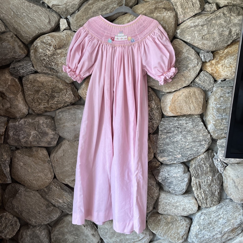 Remember Nguyen Girls Pink Smocked Dress Size 6  Embroidery, Birthday Cake